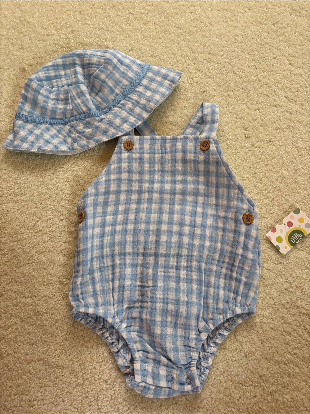 Infant Boys Little Me 100%Cotton Blue Gingham Romper with Matching Sun Hat